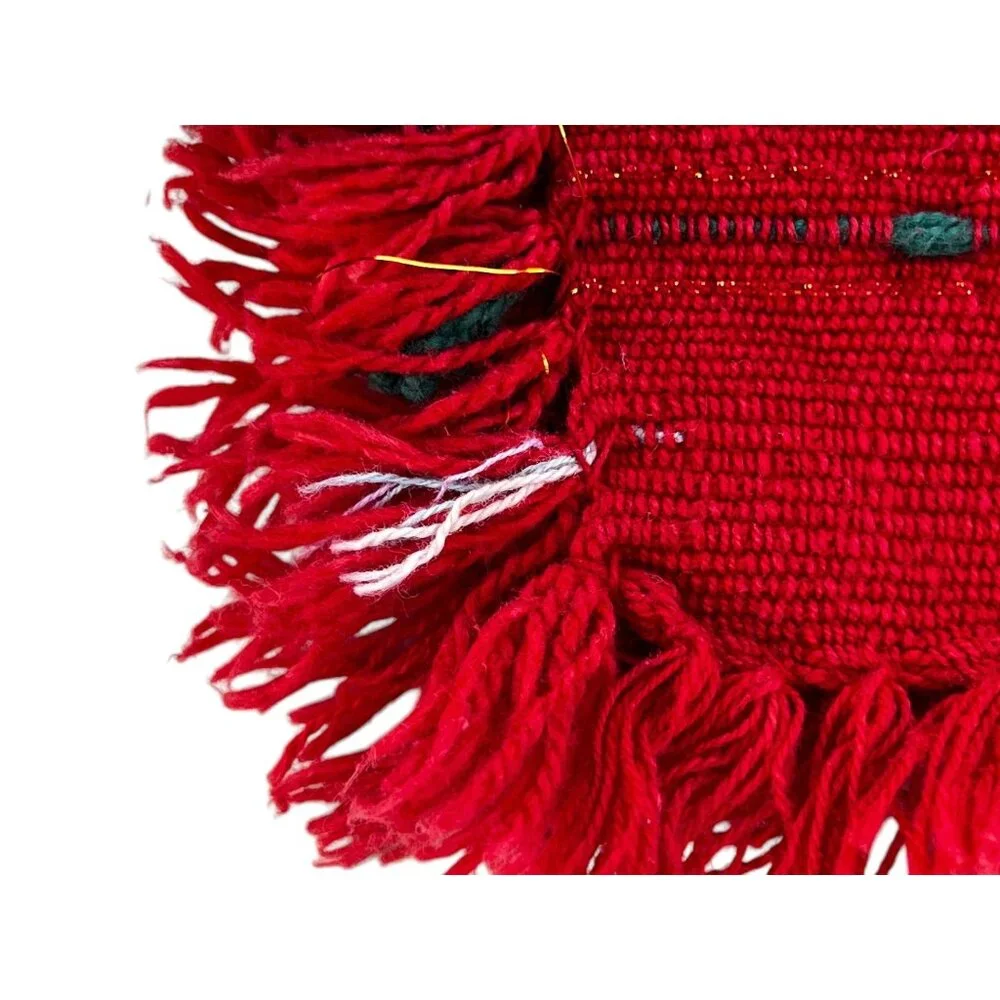 Set Of 4 Handmade Woven Red Placemats & Napkins Fringe Edges & Green Accent